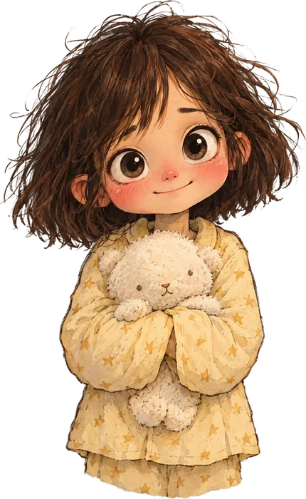 Mila in starry yellow pajamas, hugging her bunny