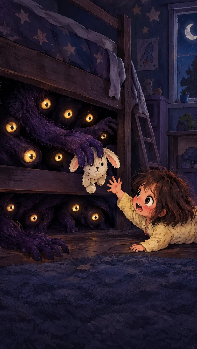 A furry paw with glowing eyes reaches out from under the bunk bed and takes Mila's bunny