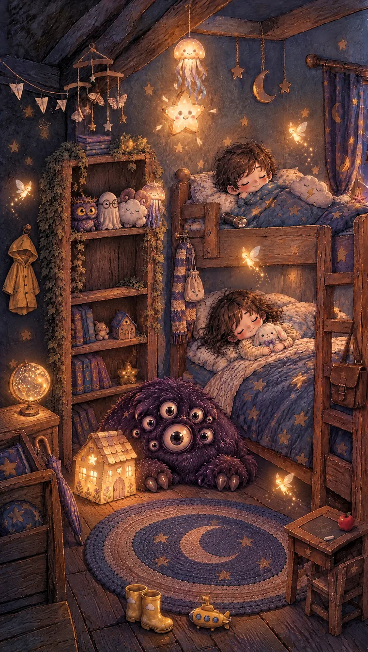 Mila and Vigo asleep in their bunk bed, the bed monster now a plush friend on the rug