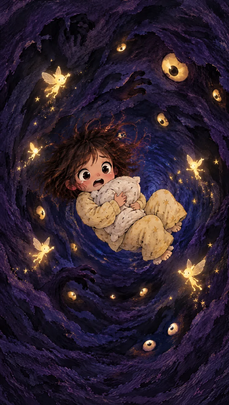 Mila hugging her pillow as she falls into a swirl of dark leaves and fairies