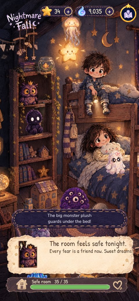 The kids' bunk room with plush friends on the shelf